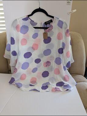 Ruby Rd. White Polka Dot Flutter Sleeve Blouse - Pink & Lavender
